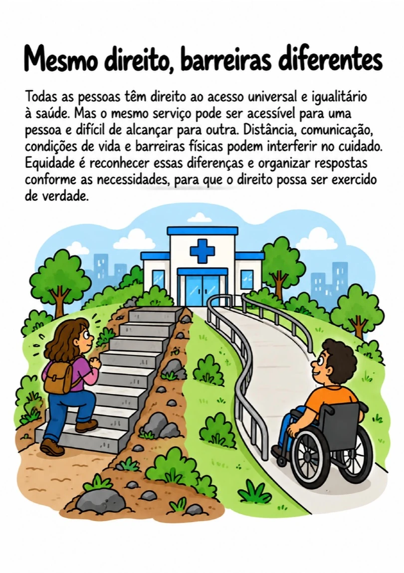 Página real do material de SUS com cena visual sobre equidade e barreiras de acesso