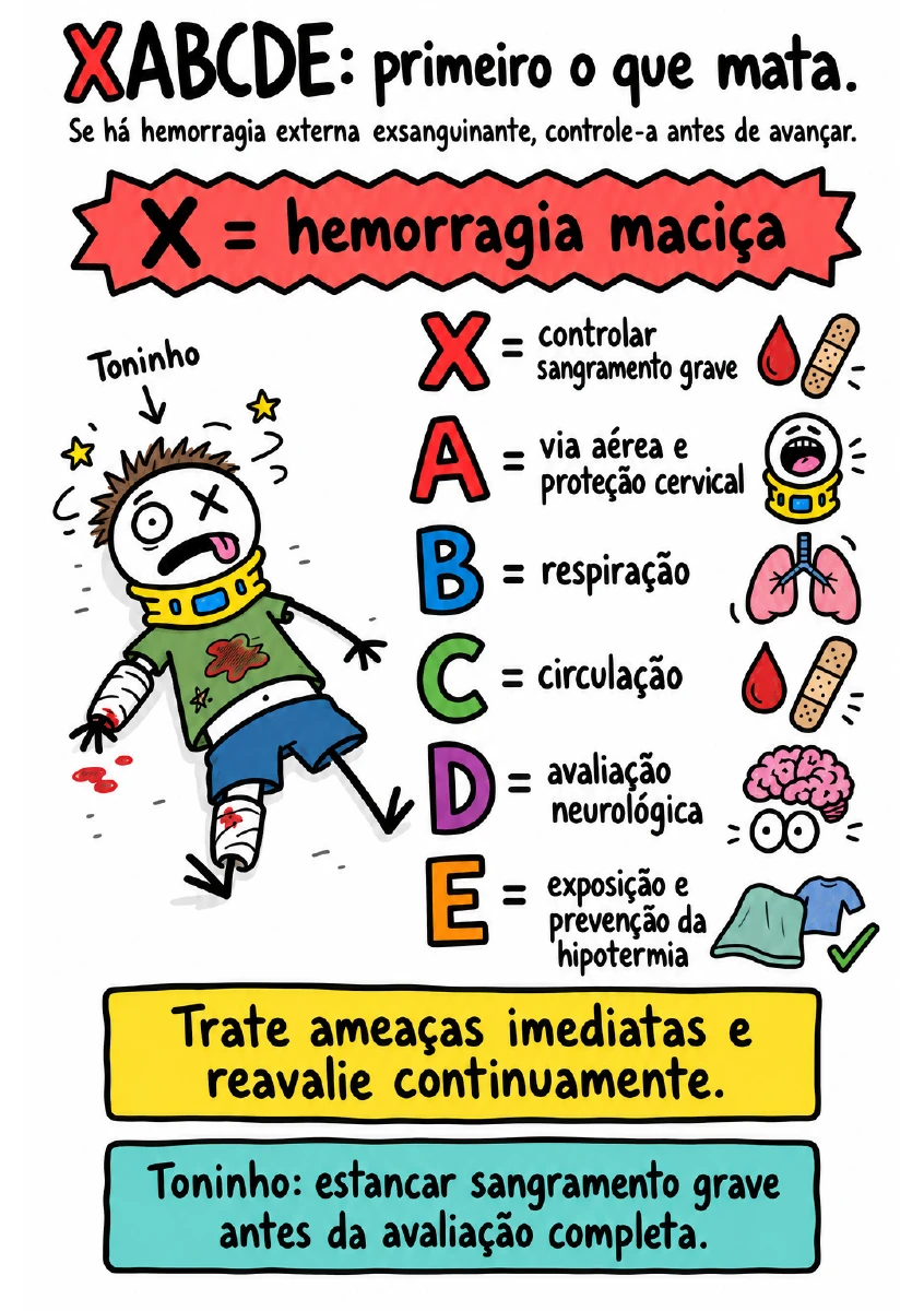 Ficha visual que identifica a hemorragia maciça e as etapas do XABCDE no trauma
